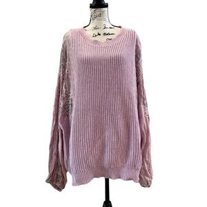 Fate Anthropologie Women's 3XL Pink Knit Sweater Lace-Patchwork Detailed-Arms